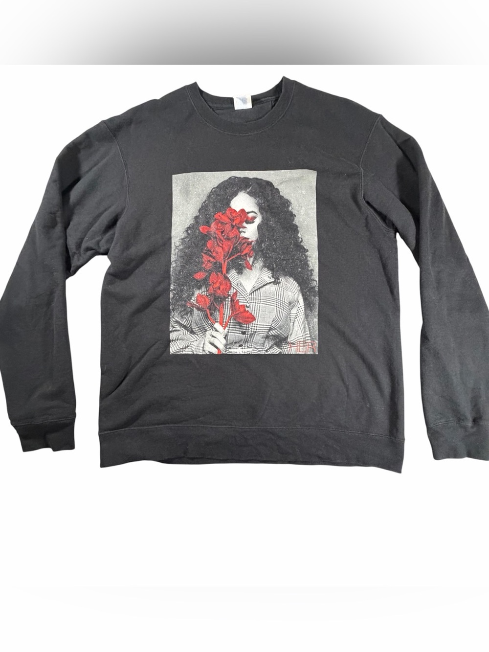 HER Music Artist Black Graphic Sweatshirt with Red Floral Art Size Large
